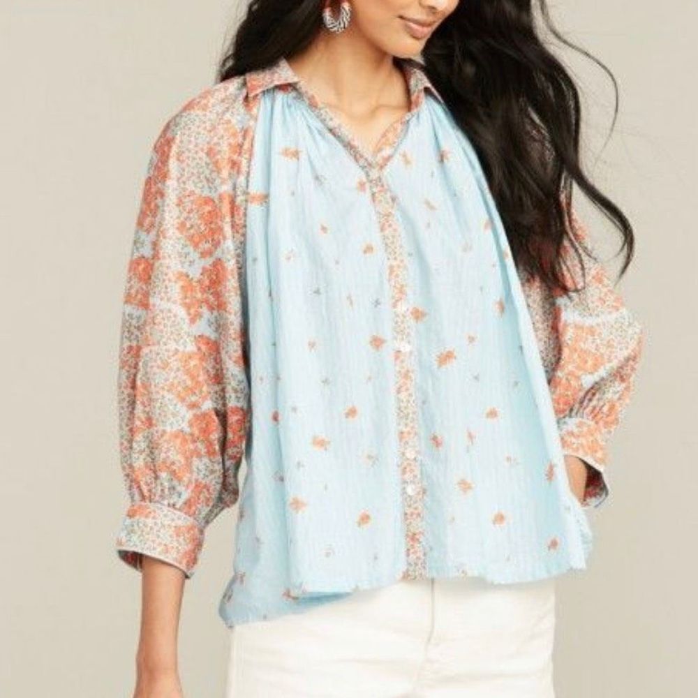 Roller Rabbit Dening Adrianna Top Blue Red Floral Boho Chic